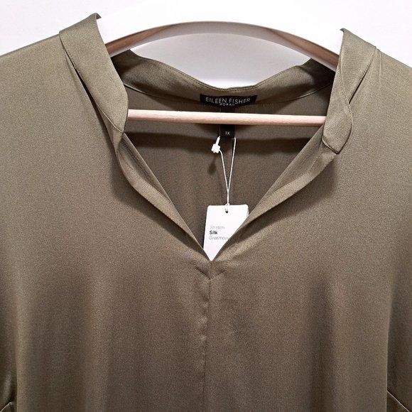 Eileen Fisher Sand-Washed Silk Charmeuse Mandarin-Collar Tunic Olive Size 1X - Picture 2 of 12